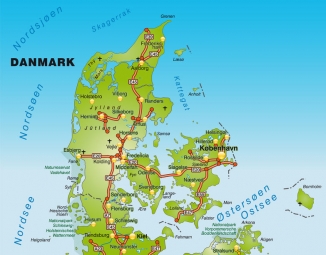  Carte magnétique du Danemark, route, vert