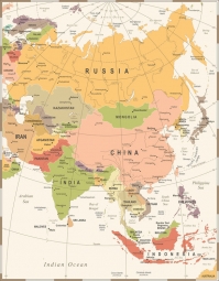  Carte magnétique D'ASIE, vintage, beige