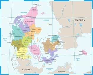  Carte magnétique du Danemark, DETAILLEE, COLOREE
