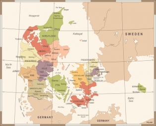  Carte magnétique du Danemark, vintage, COLOREE