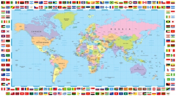  Carte magnétique du monde, politique, avec des drapeaux