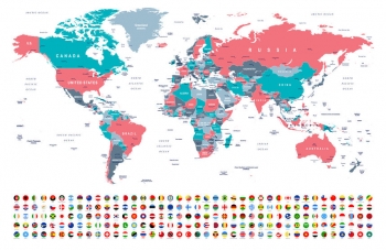  Carte magnétique du monde, illustré, avec des drapeaux