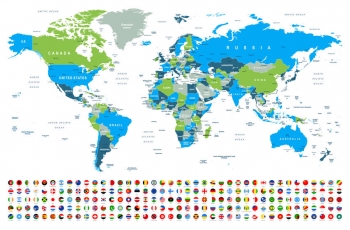  Carte magnétique du monde, illustré, avec des drapeaux