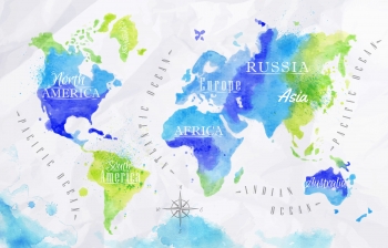  Carte magnétique du monde, aquarelle, vert-bleu