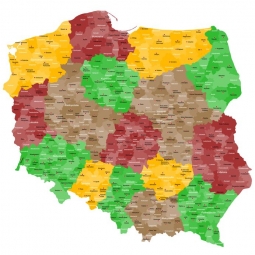  Carte magnétique de la Pologne, administrative, COLOREE